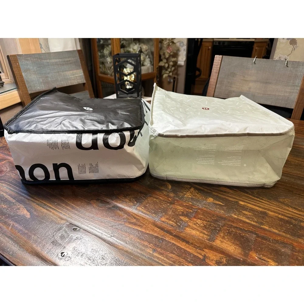 Lululemon Large Reusable Shopping Tote Bags Set of 2 Black White Cream with Logo